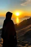 Placeholder: Alone girl in hidjab looking pretty in the sun set at the beach on a mountain from her back