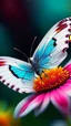 Placeholder: A picture of a white butterfly on a on colorful flower in a plastic painting with colors that express joy 8k