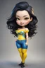 Placeholder: Create an airbrush image of a curvy chibi cartoon asian female wearing tight yellow jeans and a blue off the shoulder blouse. Prominent make up with hazel eyes. Extremely highly detailed shiny black wavy hair flowing down her back