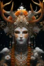 Placeholder: Woman humanoid reindeer queen portrait with extremely textured skin and Golden dust white floral crown and fur, adorned with white and light ginger berry colour snowy leaves and snow flblack. Orchid with small seapearls ornate crystal lace, wearing pearl black lace effect Halloween costume and masque Organik bio spinal ribbed detail of snowy orange candle athmoshpheric full. Ornate floral background white spider web and a pumpkin around extremely detailed hyperrealistic maximálist concept ar 64K