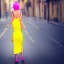 Placeholder: Beautiful lonely girl who walks along a street without people at dawn. You see her from behind. She short wears very short yellow dress, nice legs. She has short pink hair with glowing crystals. Full body, 8k resolution concept art. Professional Photo HD. Stylish. Warm vivid colors. Panoramic