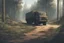 Placeholder: Military truck on a road, forest, overgrown apocalyptic, comic book, cinematic, far,