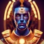 Placeholder: 3D close-up of a king Ramses, high contrast, glowing backlighting, blue and red backlighting, vibrant hair, dark brown eyes, sharp focus, high makeup, face painting, background blur.