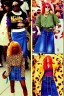 Placeholder: year 1996 denim fashion. Loose skirt, low waist. Colors: denim blue, blue, purple, cream, khaki, light green, lilac, plum, orange, terracotta, red, light yellow, pink, dark blue, beige. Cheetah pattern. Gwen Stephani, Missy Elliot, Shirley Manson.