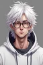 Placeholder: Anime man with glasses, messy white hair, wearing a hooded sweatshirt, realistic