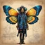 Placeholder: Jean-Baptiste Monge style hand drawn technical,full body portrait illustration , with detailed blueprints and engineering schematics of a walking hybrid Madagascan sunset moth insect girl, with highly detailed facial features, drawings, and technical notation, 8k, vibrant natural colors