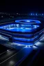 Placeholder: A large, international, electronically advanced, beautiful school, sports arena, up close at night