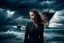 Placeholder: Compose a haunting and powerful image of a beautiful girl surrounded by her sadness in a surreal environment. Use dynamic lighting to create contrast and depth, illuminating her emotions and struggles. The sky above should be turbulent, with storm clouds brewing, reflecting the turmoil within her. In the background, depict a stormy ocean with a sinking ship, symbolizing loss and despair. Show a few people struggling for survival, adding a sense of urgency and chaos to the scene. Let the composit