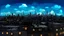 Placeholder: dark and mysterious, neo-expressionism, A panoramic view of a city skyline at noon, with various clocks on different buildings all showing twelve o'clock, under a clear blue sky with a few fluffy clouds.