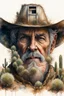 Placeholder: The old Cowboy of the Desert, double exposure cowboy face formed by a old weatheredmud hut with cactus and tumbleweeds around it, watercolor by Jean-Baptiste Monge and Yossi Kotler, Modifiers: sharp focus extremely detailed intricate oil on canvas portrait hyperrealistic high definition crisp quality