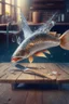 Placeholder: fish with hands and fingers, down in the sparkly water, producing a wooden table and a big knife, 3d rendering, depth of field