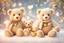 Placeholder: cute teddy bears holding hearts covered in sparkling gold glitter, beautiful winter composition, snowflakes, pine branches, Christmas ornaments and glowing Christmas lights