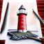 Placeholder: A metallic colored pencil drawing of the red lighthouse Sletringen Lighthouse in Norway