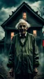 Placeholder: In front of a creepy haunted house stands an overgrown grandfather in a forester costume with an scary smile, the atmosphere of a HORROR FILM, dark clouds