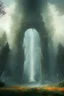 Placeholder: Apocalyptic urban setting with a huge portal being generated in mid air. The border of the portal is made of a wispy translucent white and golden lacy light with geometric fractal patterns. Inside of the portal, a peaceful lush forest setting with a waterfall can be seen. Outside of the portal is an ominous smoky orange-red hazy atmosphere.