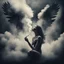 Placeholder: woman sitting forward Her face upward and blows cigarette smoke from their mouth upward. a figure with wings emerging from its back. behind the clouds of smoke look death. dark and mysterious