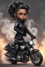 Placeholder: Create a digital airbrush illustration of a chibi cartoon full figure black female riding a sports motorcycle. She is wearing biker jacket and black tights with biker boots. Prominent make up with log lashes and hazel eyes. Extremely highly detailed black shiny wavy hair up in a messy bun. Background of smoke surrounding her and the bike and she's at a bike show.