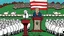 Placeholder: malevolent world leader and orator at podium speaking to large field of sheep