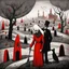 Placeholder: Ink illustration by Alexander Jansson, heavily inspired by the unsettling symbolism of Santiago Caruso and Edward Gorey, depicting a plague born out of popular culture, voracious consumerism cemetery, red and black color scheme, line art punctuating the grim narrative, De stijl aesthetic, detailed sketch, chilling motifs, dramatic, textured surface, ominous representation, unsettling offbeat pop critique.