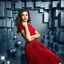 Placeholder: make a picture pretty stage made of metallic blue-gray teme 3d recursive cubic and sphere and cylinder base structures and a beautiful fashion model lady posing with cute in black and white and the scene is in color,with dark red top and pretty pleated midi skirt ,makeup curvy long hair,dynamic camera zoom to full body and pan, dynamic lights.
