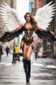 Placeholder: Front view excellent realistic portrait Beautiful Angel straddle wings with covering not sexy luxury Victorian gown,walking at new York City street