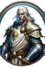 Placeholder: Please create an image for a 30-year old half-aasimar male with silver hair and blue eyes. He is a cleric of Selune, whose symbol should be placed on the cleric's shield, if visible in the image. The cleric should be wearing either medium or heavy armor, and carrying a warhammer or a mace and a shield