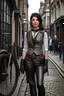 Placeholder: full-height portrait of a woman with straight shoulder-length black hair, with metal arms and legs, dressed in leather trousers, and a waistcoat, in a Victorian street next to a steampunk bike