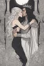 Placeholder: Strahd Von Zarovich, long black hair, being kissed on the mouth by a beautiful woman with white hair, wearing an off the shoulder dress. Settling and background are a lavish toomb with an ebony coffin.