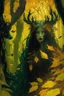 Placeholder: In the heart of a dense and enigmatic forest with towering ancient trees cloaked in emerald, yellow and amber foliage stands an ethereal beauty, her face is perfect, her lustrous hair cascading in ebony waves down to her slender waist in the background the crimson eyes of a large demonic animal are visible