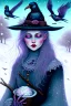 Placeholder: Friendly witch, playing with crows, perfect eyes, pastel colours, snow, style Elisabeth Kreitz