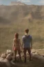 Placeholder: Jeune couple premier plan, visages hyper détaillés, ultra réaliste, 4k. Fille rousse aux cheveux raides, garçon musclé dreadlocks longs. Paysage de film ultra réaliste, montagne