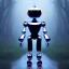 Placeholder: A humanoid robot, looking itself in a mirror, the mirror is in the middle of a mushroom forest