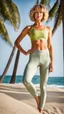 Placeholder: woman in satin yoga leggins, arms down, standing towards camera, face towards camera, total body, standing frontal, photographed by rankin, surfer hair, good shape, background palmtrees, medium length wavy bob haircut