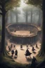 Placeholder: fantasy medieval tournment arena into the woods with people fighting