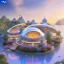 Placeholder: landscape of summer tropical ambient beutiful villa white gold and neon lights bright and colorful bright gloss effect of a futuristic house,like spaceship, natural round shapes concept, large transparent view of the open outdoor garden,sea beach at sunset, gold crystals,with light pink, flowers of Lotus, beutiful pools, light of sun , palmiers,cerisiers en fleurs, wisteria, sun , stars, small waterfalls