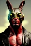 Placeholder: Medium Close Up Portrait, Front image. cyberpunk, rabbit mask helmet, strong man, gold hair. Leather suit. Black, red, color. Hellboy style. Color background, photo studio. Avatar image, highly detailed, concept art, smooth, unreal engine 5, ray tracing, RTX, lumen lighting, ultra detail, volumetric lighting, 3d, finely drawn, high definition, high resolution.