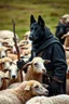 Placeholder: Portrait of a dark german shepherd dark skin male wearing a black clothes with full human body and holding a shepherd stick in his hand among many sheep’s, show him standing