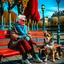 Placeholder: An elderly woman is knitting on a park bench, accompanied by her furry companion - a calm husky dog ​​resting next to her. In the background is the Eiffel Tower. The woman's lively personality shines through her whimsical outfit - a light blue sweater, striped tights and large round glasses perched on her nose. Her spiky red hair adds a touch of glamor to the scene. The sweet dog, with a shaggy yellow coat, lies peacefully with his head resting on the knitted fabric, providing a faithful compani