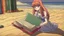 Placeholder: drawn in 90s anime style, retro anime style, still live, 1 singular Book lying with a cover on table the cover depicting a woman on the beach, medieval grimoire, no people, no cluter