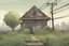 Placeholder: house, electrical box, overgrown, post-apocalyptic, comic book, city background