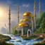 Placeholder: landscape, river, sun, a mosque, an outside view.