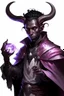 Placeholder: En Young male black skin black hair tiefling Wizard with large horns glowing Purple symbols Everywhere on his body. He's wearing silver and White Rope and a silver cloak. His horn a perfectly place on acet from the front to the back pointing upwards with glowing Red cat Eyes. His close is elegant get simple. Casting and ice spell