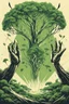 Placeholder: Huge hands holding saplings, The giant is planting a big green tree, first contact concept art, silkscreened mind-bending illustration; sci-fi poster art, asymmetric, futurism