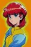 Placeholder: 1girl, retro anime, 80's, redhead,Portrait of beautiful woman, sparkling dark blue eyes,