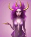 Placeholder: cute purple haired devil girl with bright green eyes and horns on her head wearing a purple/pink dress