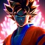 Placeholder: Son-goku in a cyberpunk setting, with neon lights in background, close-up face, extreme details, realistic, unreal engine,