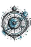 Placeholder: A line drawing vector with defined details black ink and a splash of blue on white background of a astronomical clock modern for a tattoo design