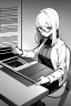 Placeholder: hacker girl with glasses use a laptop sitting in a cafe, line arts, greyscale