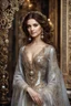 Placeholder: Full body photography cinematic realistic soft blur ,natural beauty, of young woman, smiling, beautiful, shiny grey eyes, make up, Victorian iranian style, shiny baubles, ornate, large gemstones, shiny molten metalics, shiny wire filigree, brown hair, high definition,photography art