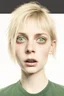 Placeholder: ultra realistic photograph of a very thin young woman with short blonde hair and green eyes bruised face with a frightened expression wearing a loose black teeshirt